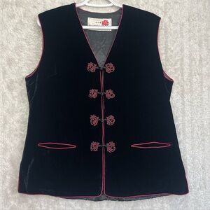 Peony Asian Black Velvet Vest Frog Toggle Buttons Side Slits Mandarin Collar